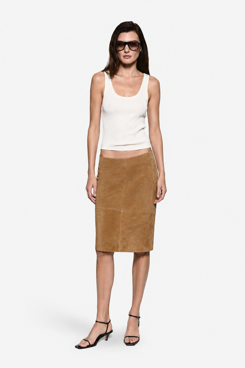 Butterrumm suede leather midi pencil skirt, straight cut with center seam