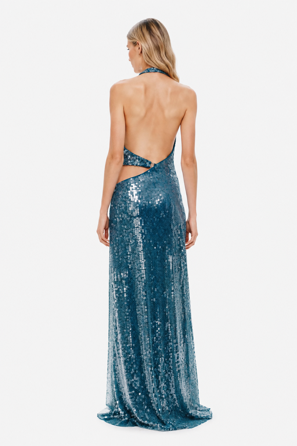 Back view: teal sequin halter maxi dress with open back cutout