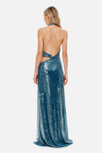 Back view: teal sequin halter maxi dress with open back cutout