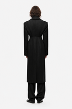 Black long coat, back view with center seam and waist belt