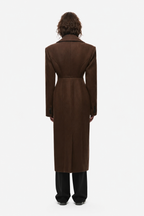 Brown tailored wool long coat, back view with fitted waist and center seam