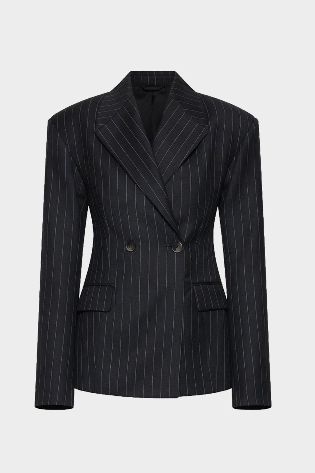 Charcoal pinstripe wool blazer front with notch lapels, button closure, and flap pockets.