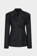 Charcoal pinstripe wool blazer front with notch lapels, button closure, and flap pockets.