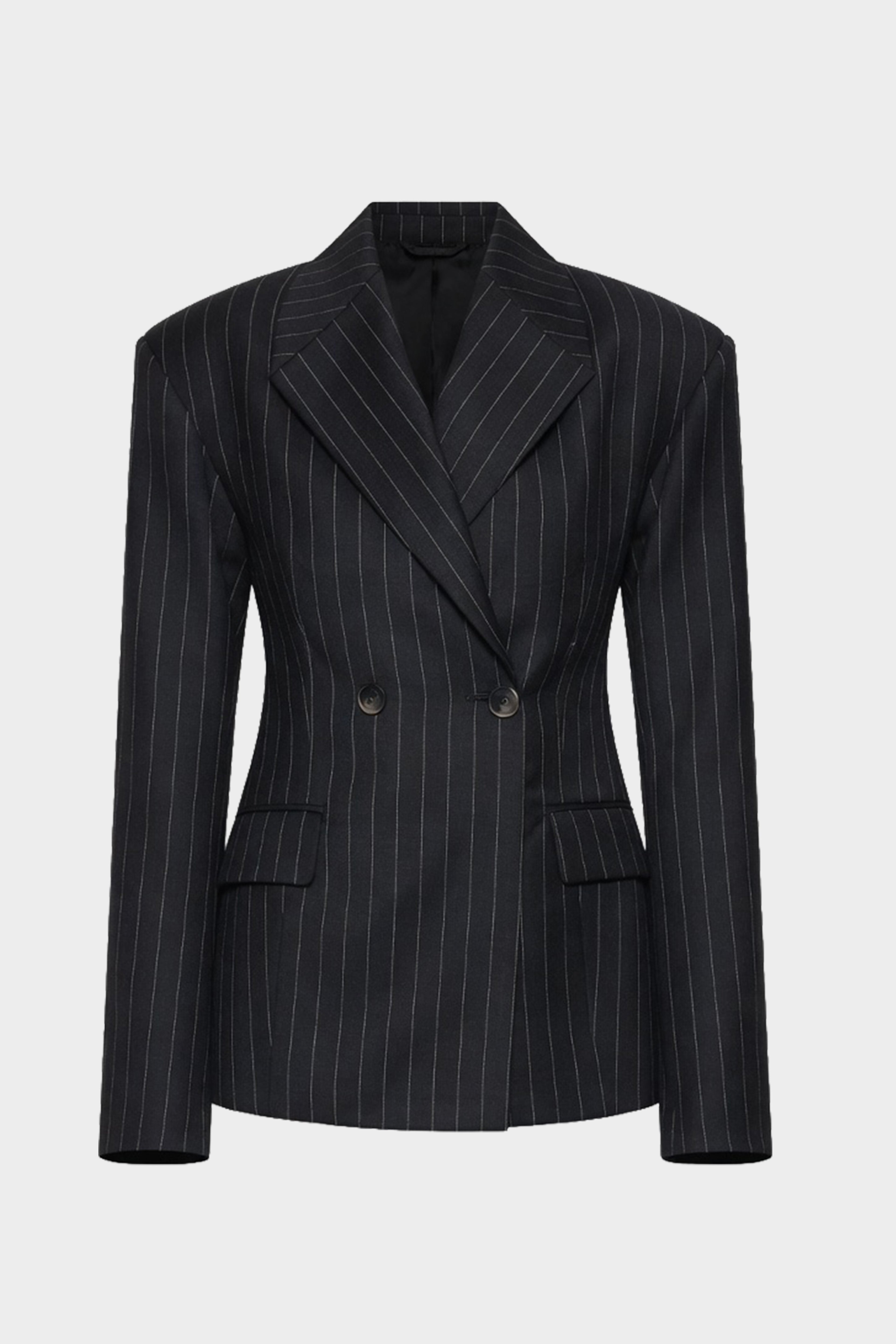 Charcoal pinstripe wool blazer front with notch lapels, button closure, and flap pockets.