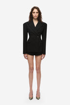 Black crepe blazer with notch lapels and two-button closure, flap pockets, long sleeves
