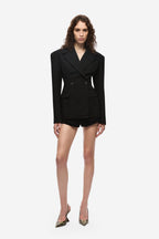 Black crepe blazer with notch lapels, two-button front, flap pockets, fitted long sleeves