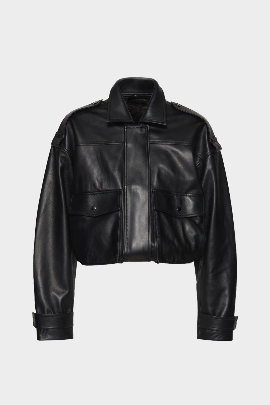Black balloon leather jacket with stand collar and flap pockets