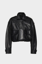 Black balloon leather jacket with stand collar and flap pockets