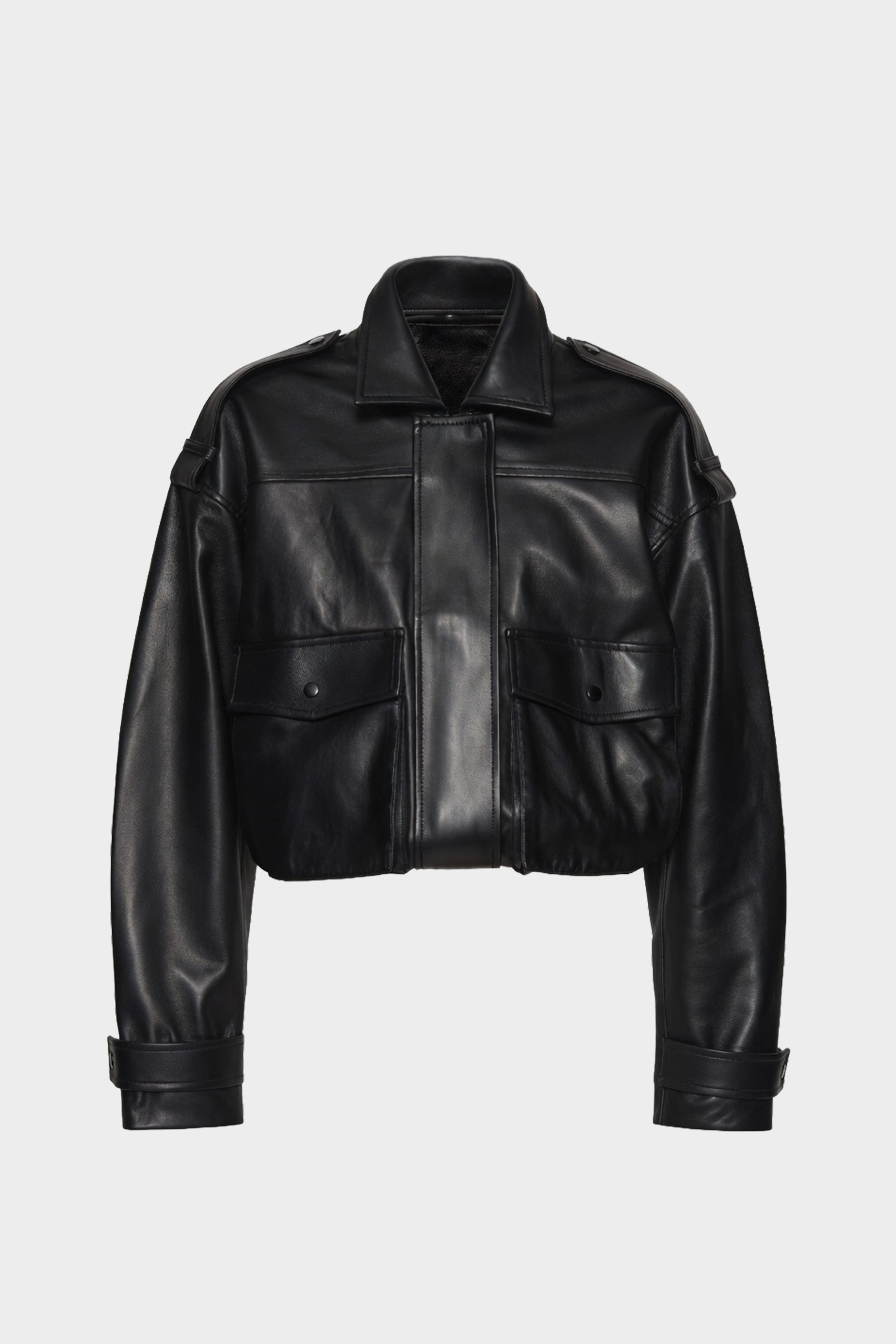 Black balloon leather jacket with stand collar and flap pockets