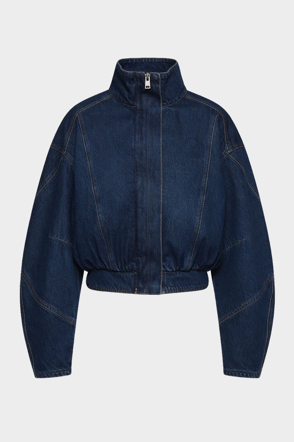Vintage blue denim cropped jacket with high neck and zip-front