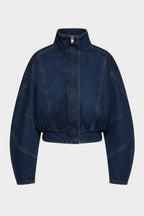 Vintage blue denim cropped jacket with high neck and zip-front