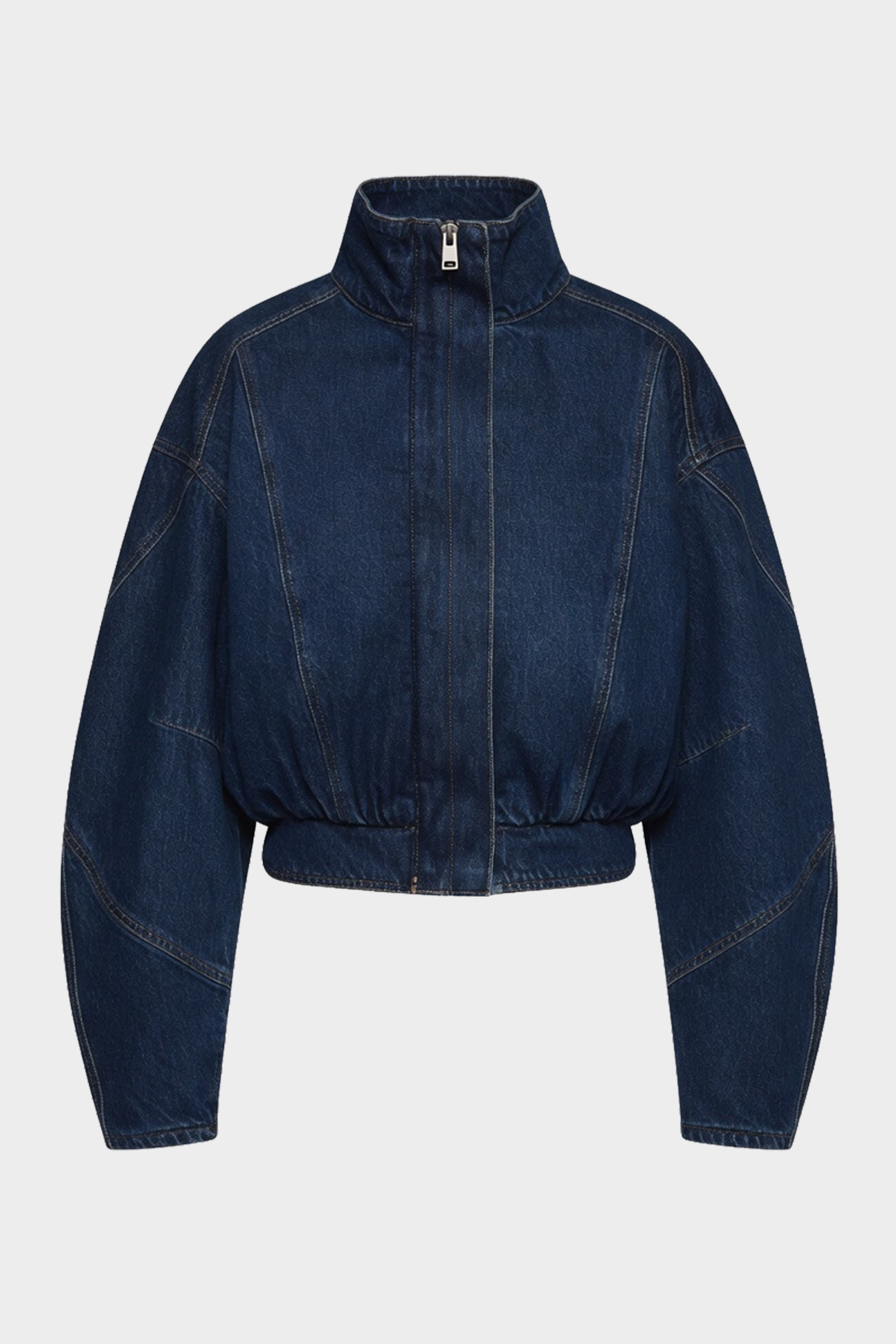 Vintage blue denim cropped jacket with high neck and zip-front