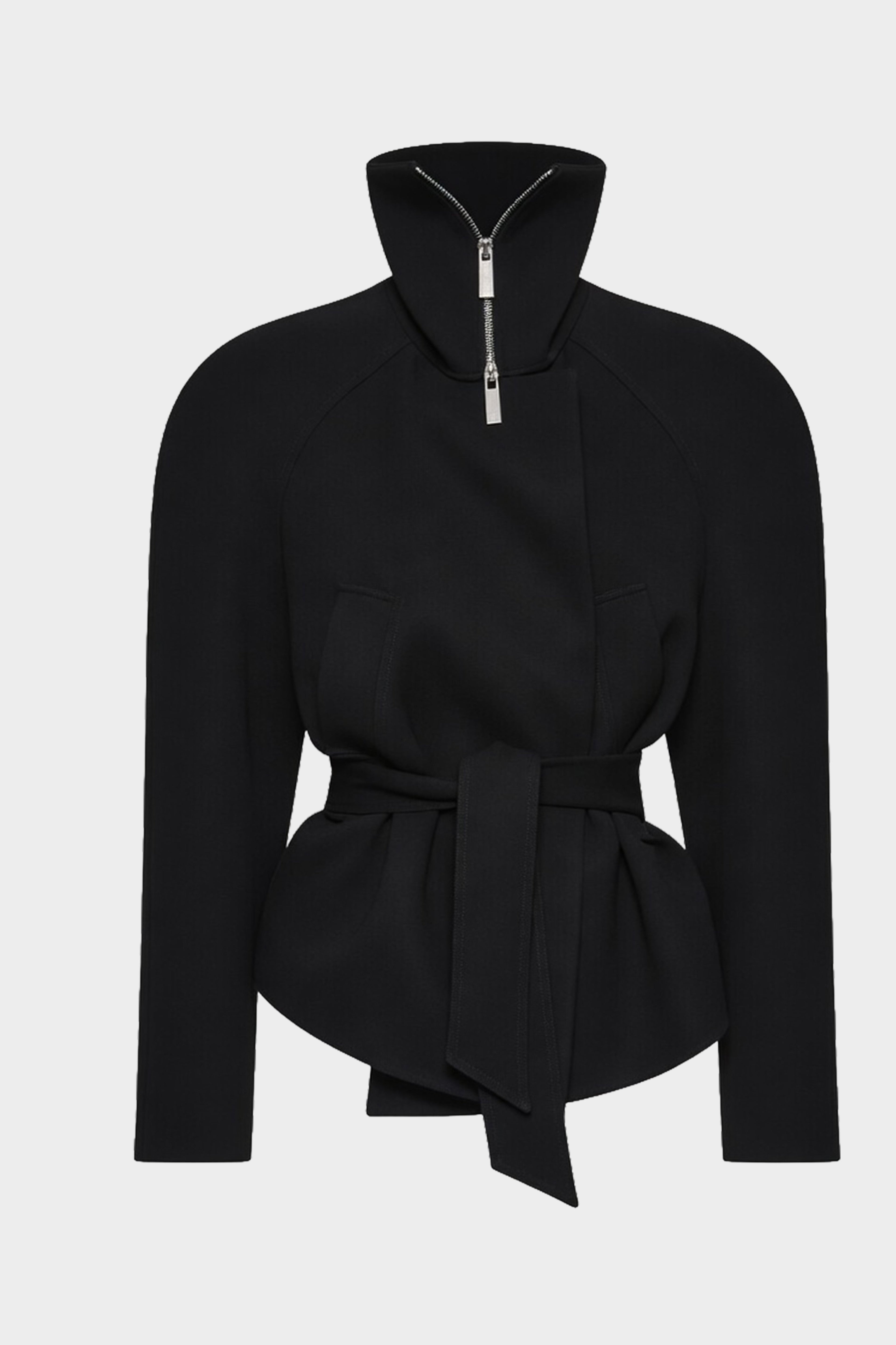 Black acetate collared jacket on mannequin: stand collar, front zip, tied belted peplum.