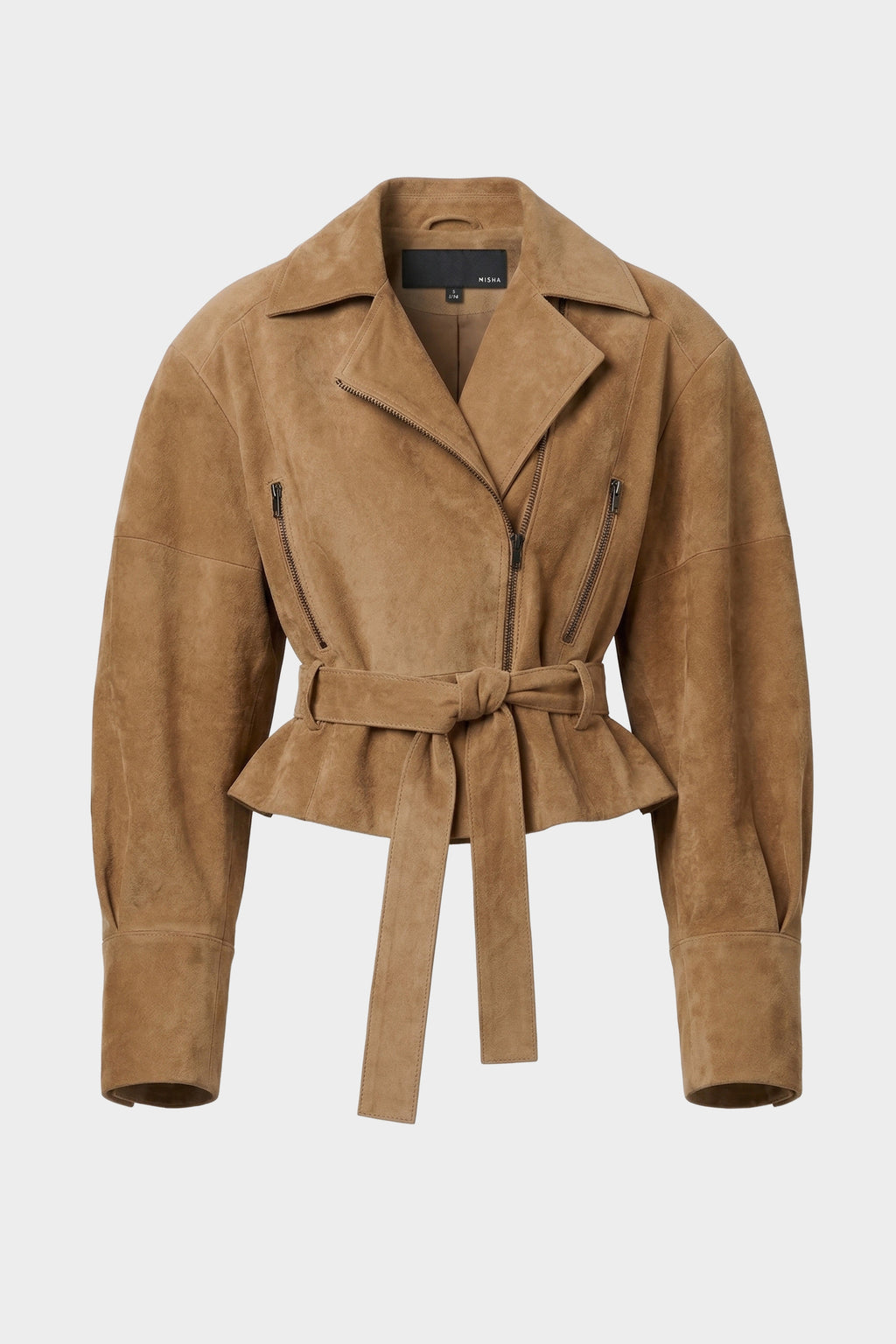 Tan suede leather jacket laid flat with notched collar, zipper front, and belt tie