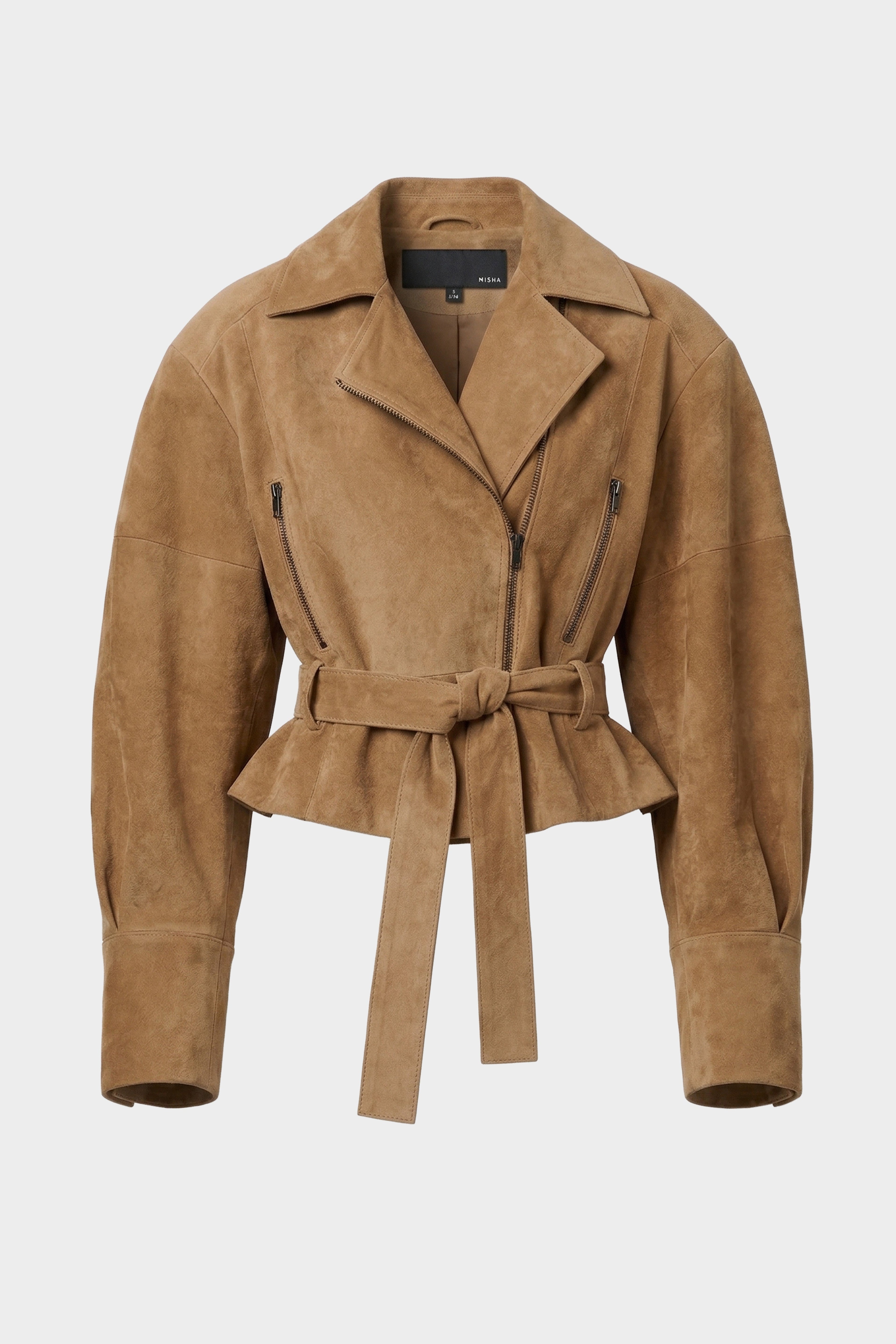 Tan suede leather jacket laid flat with notched collar, zipper front, and belt tie
