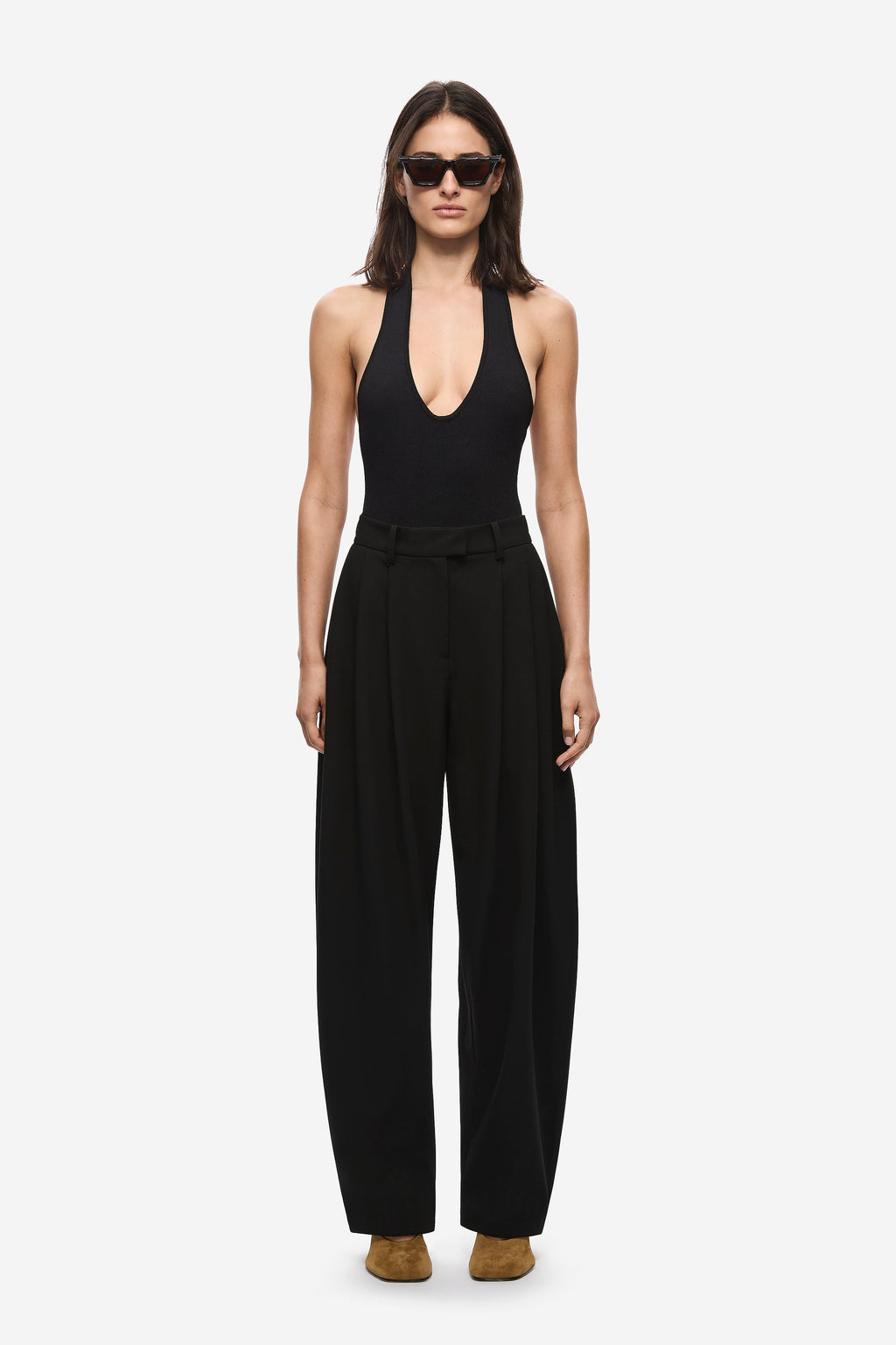 Black scuba compact knit bodysuit, sleeveless halter with deep V front