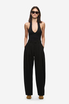 Black scuba compact knit bodysuit with deep V halter neckline, slim fit