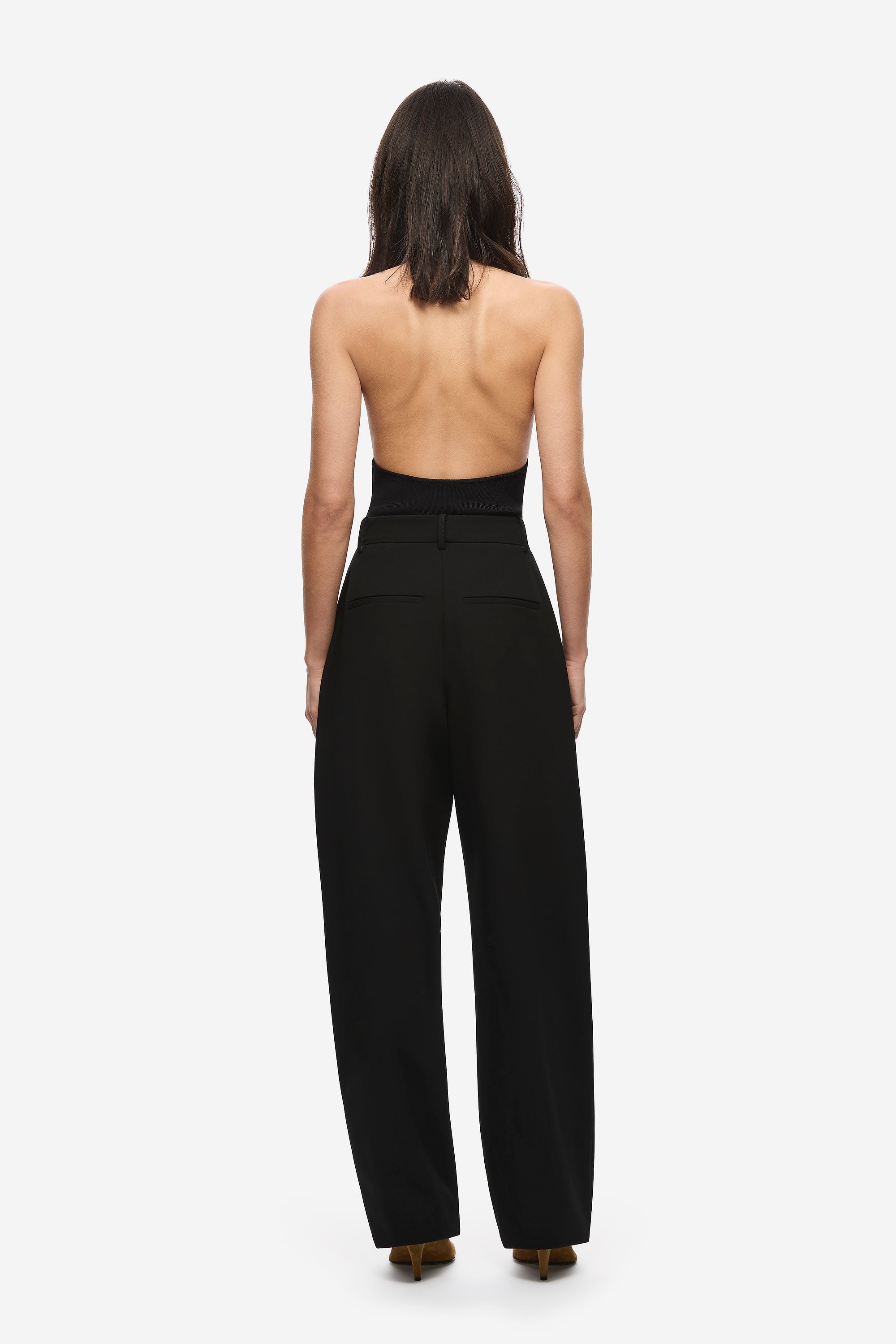 Black scuba compact knit bodysuit with scooped back and halter straps