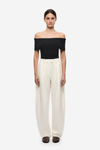 Black off-shoulder knit bodysuit with fold-over neckline, front view