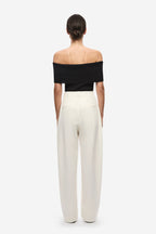 Black off-shoulder knit bodysuit with square back neckline, back view