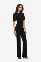 Black tailored stretch crepe trousers, high waist and wide straight legs
