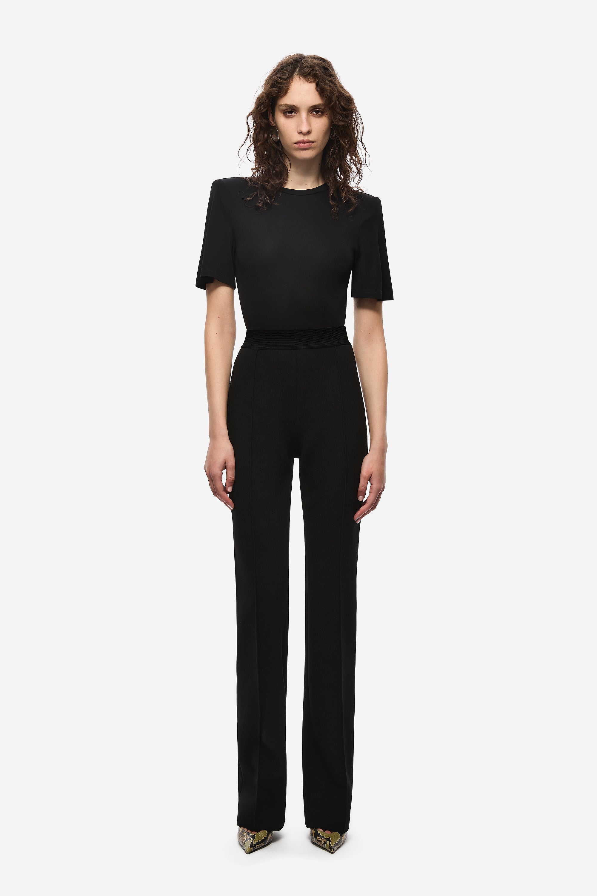 Black tailored stretch crepe trousers, high-rise fit with straight wide legs