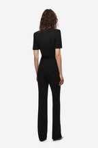 Black short-sleeve bodysuit, back view with high waist and long legs