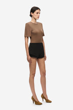 Chocolate padded short-sleeve scoop-neck bodysuit, smooth fitted silhouette