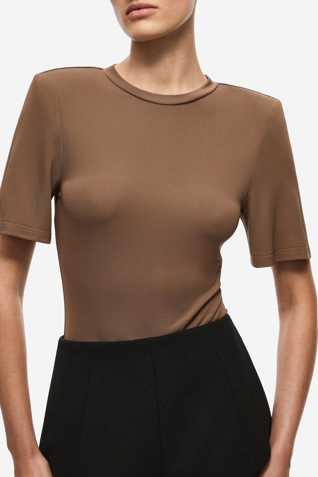 Chocolate padded short-sleeve scoop-neck bodysuit close-up of smooth knit
