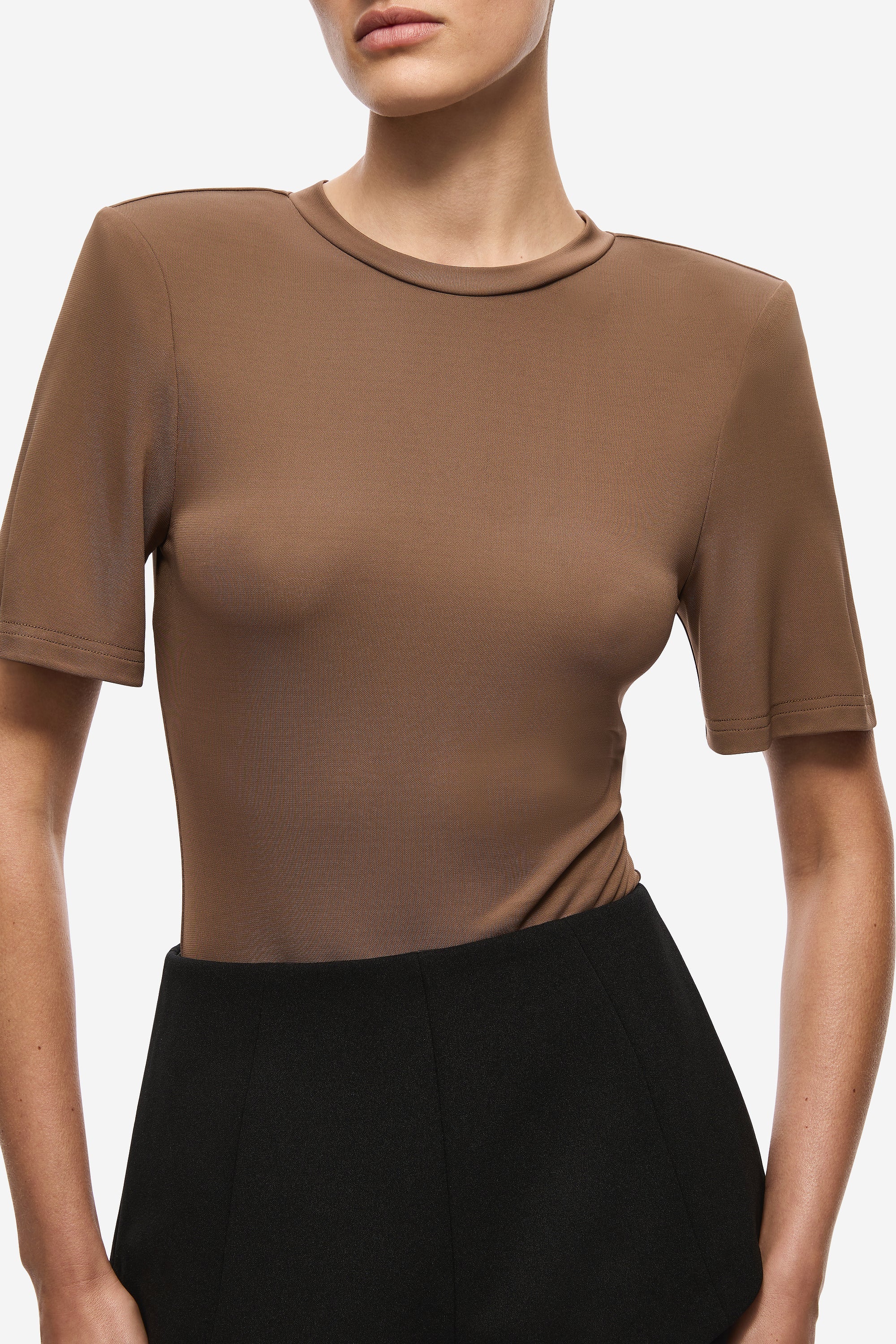 Chocolate padded short-sleeve scoop-neck bodysuit close-up of smooth knit