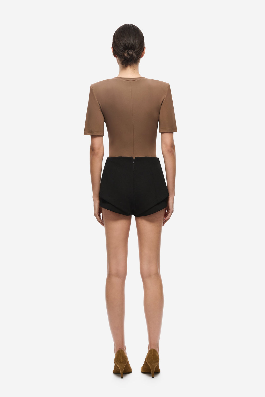 Chocolate padded short-sleeve scoop-neck bodysuit, back view, smooth fitted knit