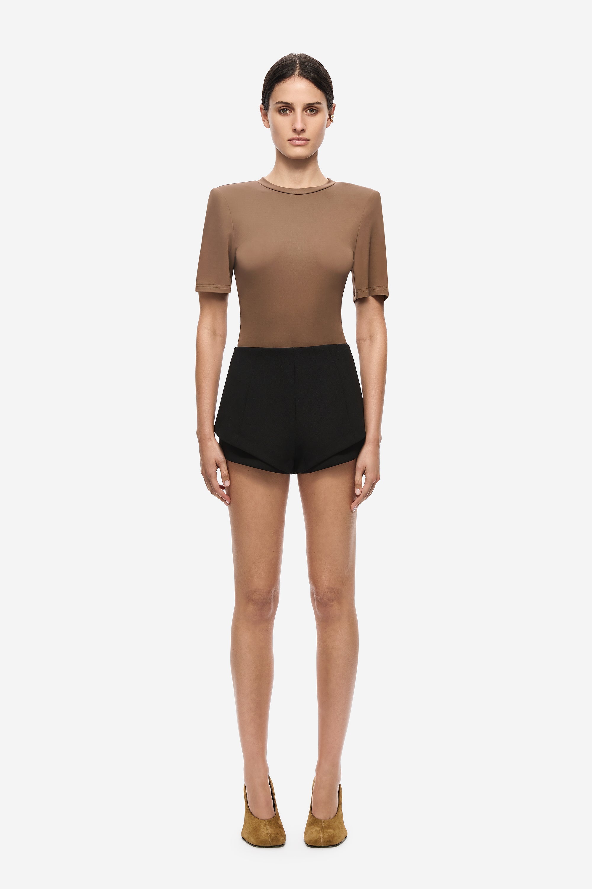 Chocolate padded short-sleeve scoop-neck bodysuit, fitted seamless look