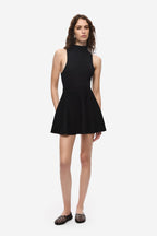 Black knit bodysuit with mock neck and flared skater skirt