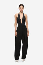 Black halter bodysuit with keyhole plunge front and wide-leg pants