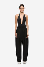 Black halter bodysuit with keyhole plunge front and attached wide-leg pants
