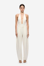 THE JENNIFER cupro bodysuit in ivory, halter keyhole neckline, ruched fitted bodice