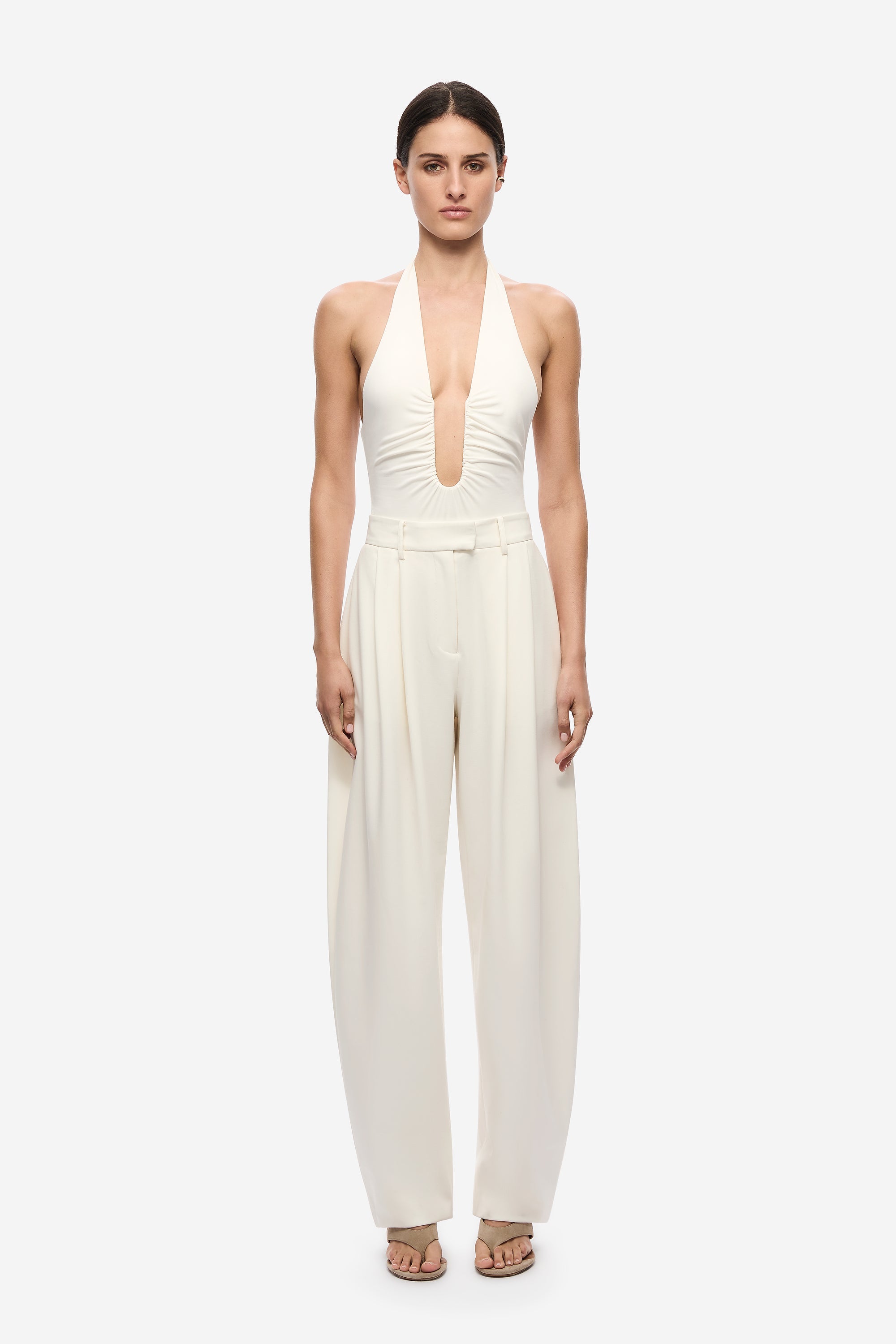 THE JENNIFER cupro bodysuit in ivory, halter keyhole neckline, ruched fitted bodice