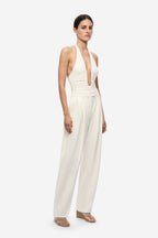 THE JENNIFER cupro bodysuit in ivory, halter keyhole front and fitted ruched torso