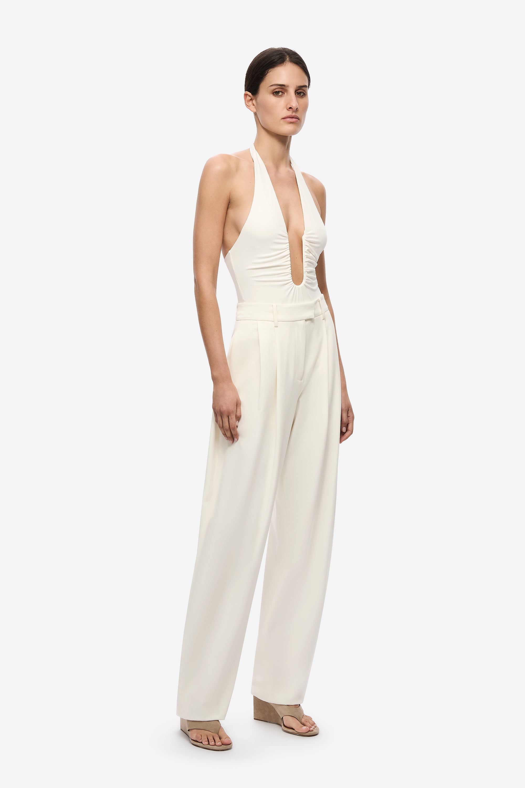 THE JENNIFER cupro bodysuit in ivory, halter keyhole front and fitted ruched torso