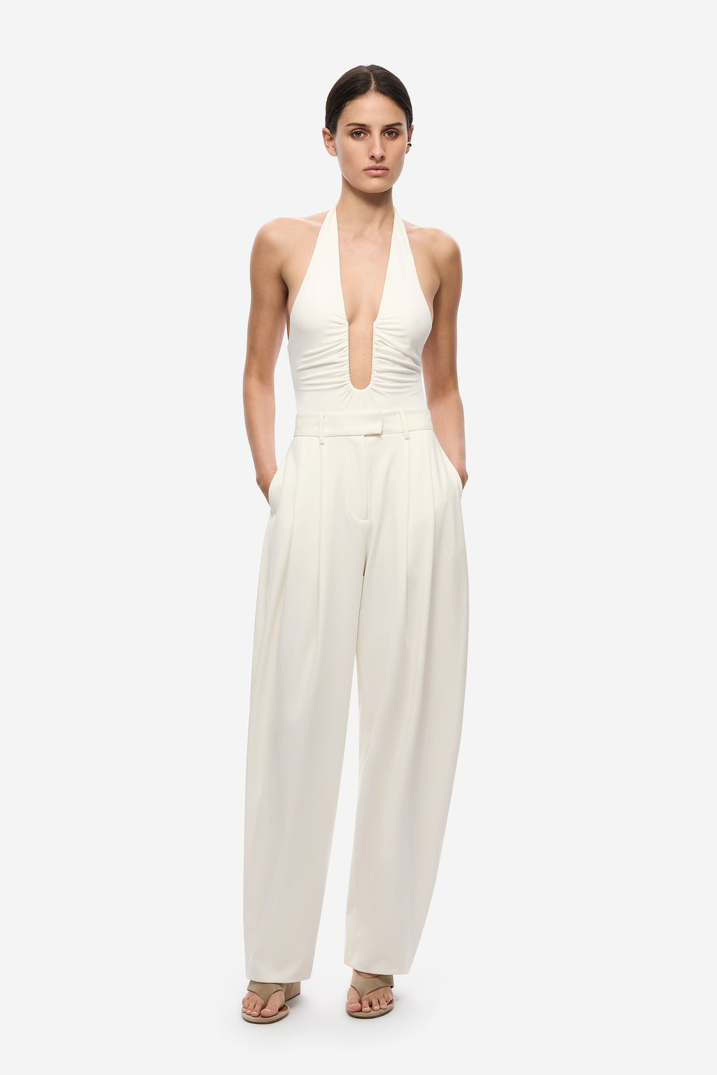 THE JENNIFER cupro bodysuit in ivory, halter keyhole neckline, smooth fitted silhouette