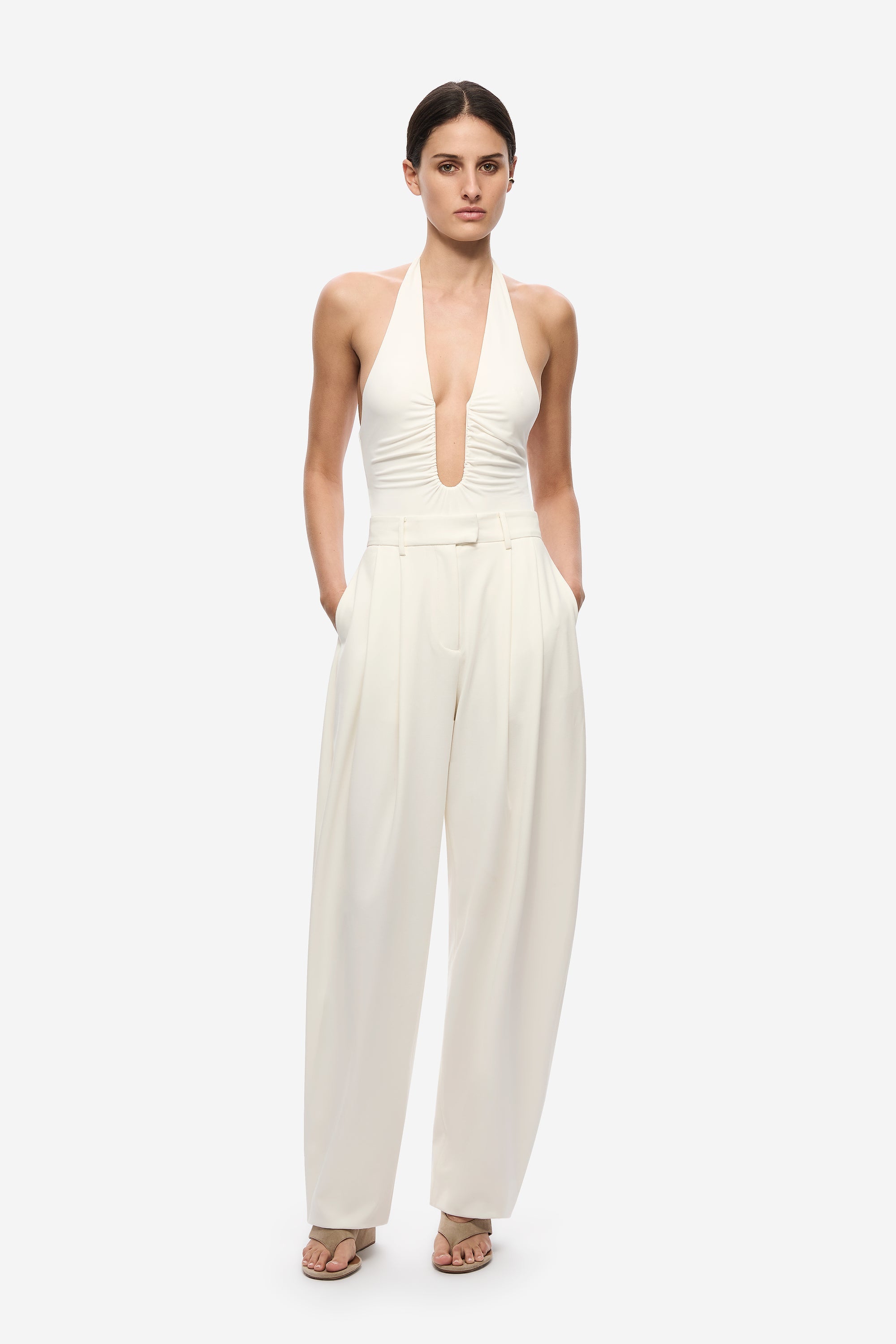 THE JENNIFER cupro bodysuit in ivory, halter keyhole neckline, smooth fitted silhouette