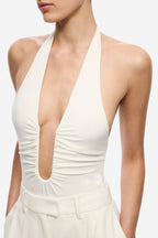 THE JENNIFER cupro bodysuit in ivory, halter neckline with keyhole and gathered seams