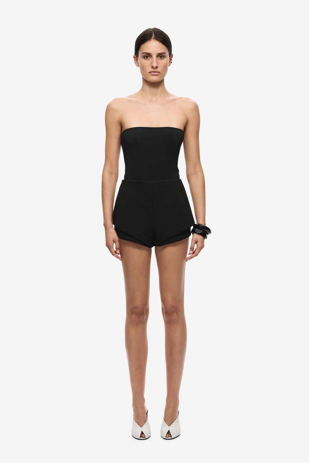 Black strapless knit bodysuit with short legs and high-waist shorts front view