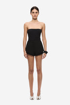 Black strapless knit bodysuit with short legs and high-waist shorts front view