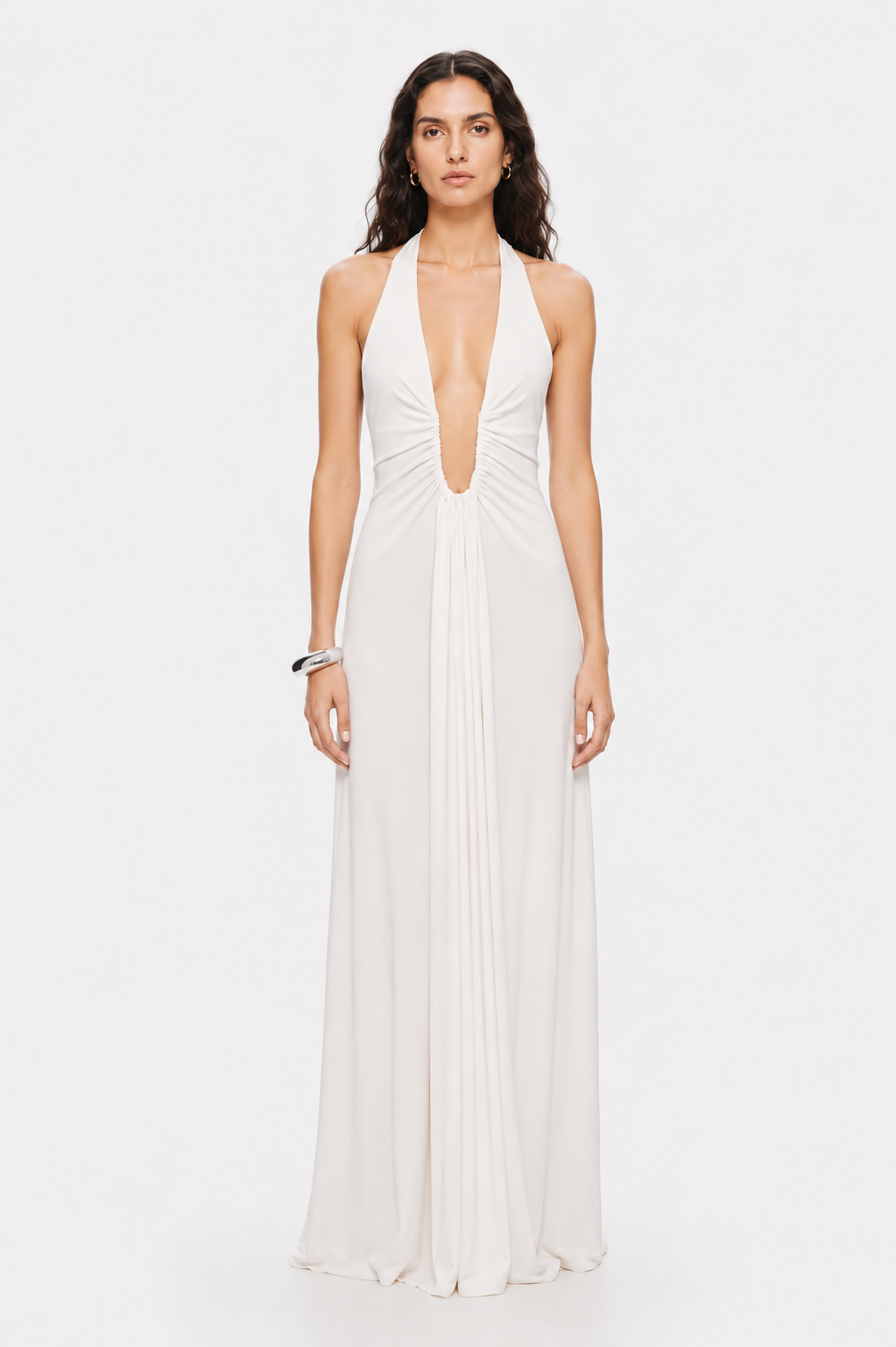 Ivory sleeveless cupro dress with deep V neckline and draped waist seam