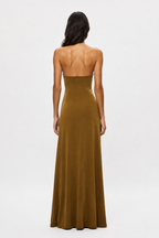 Olive green sleeveless maxi dress with open back and V-shaped back neckline