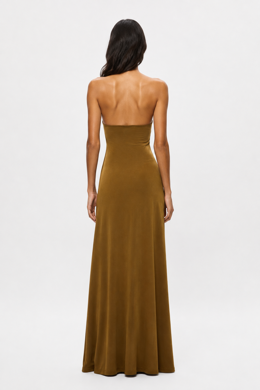 Olive green sleeveless maxi dress with open back and V-shaped back neckline