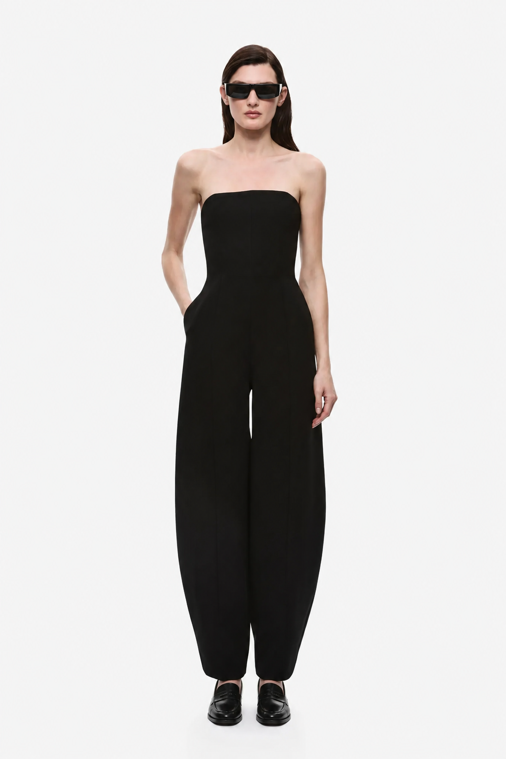 Black strapless wide-leg jumpsuit with fitted bodice and long straight legs