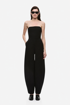 Black strapless wide-leg jumpsuit with fitted bodice and long straight legs