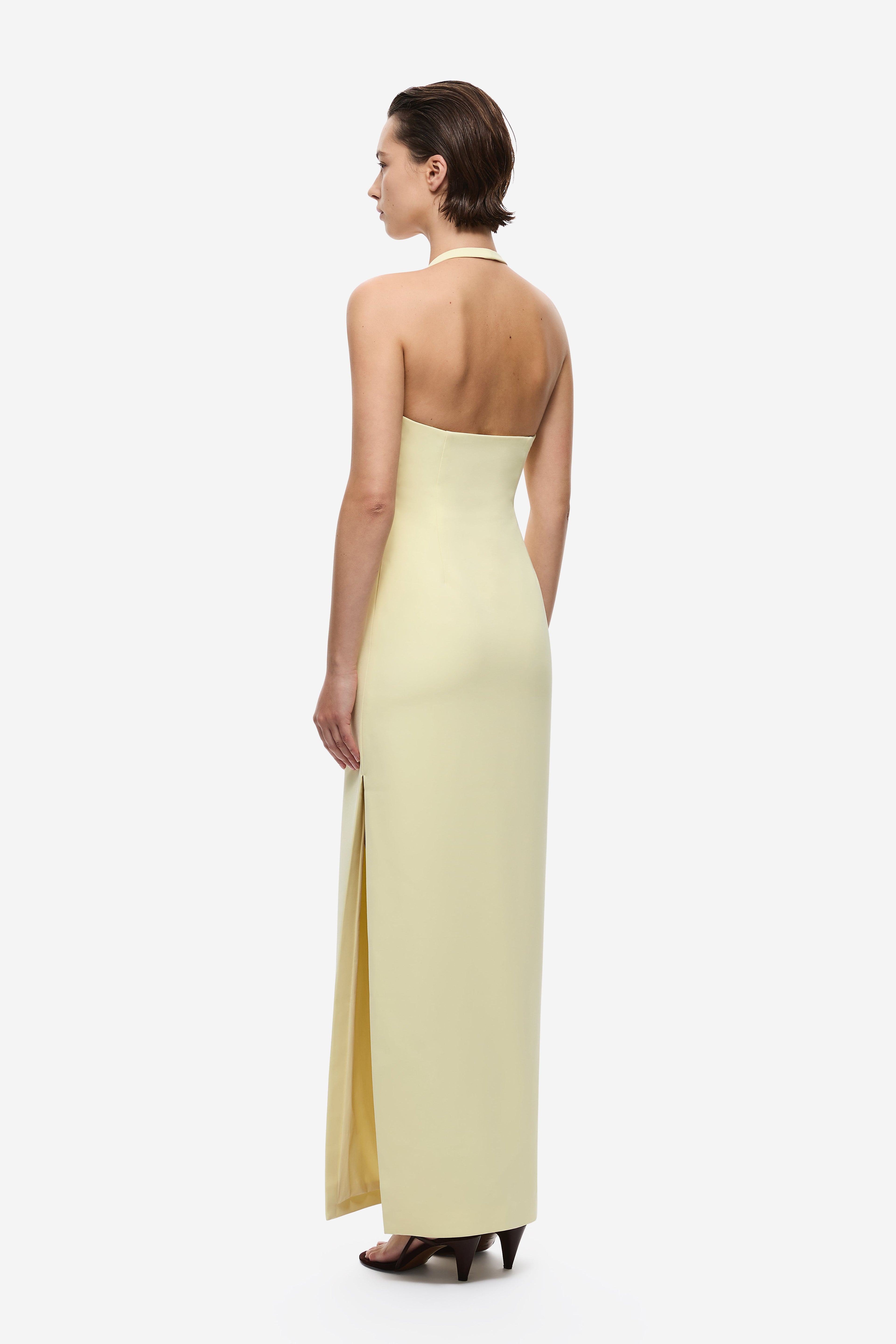Lemon yellow halter maxi dress with open back and side slit